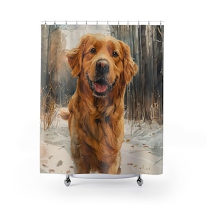 Golden Retriever Hund im Herbst am Wald spazieren, Haustier Besitzer Geschenk, Hundeliebhaber, Badezimmer Dekor, Kunstwerk Duschvorhang