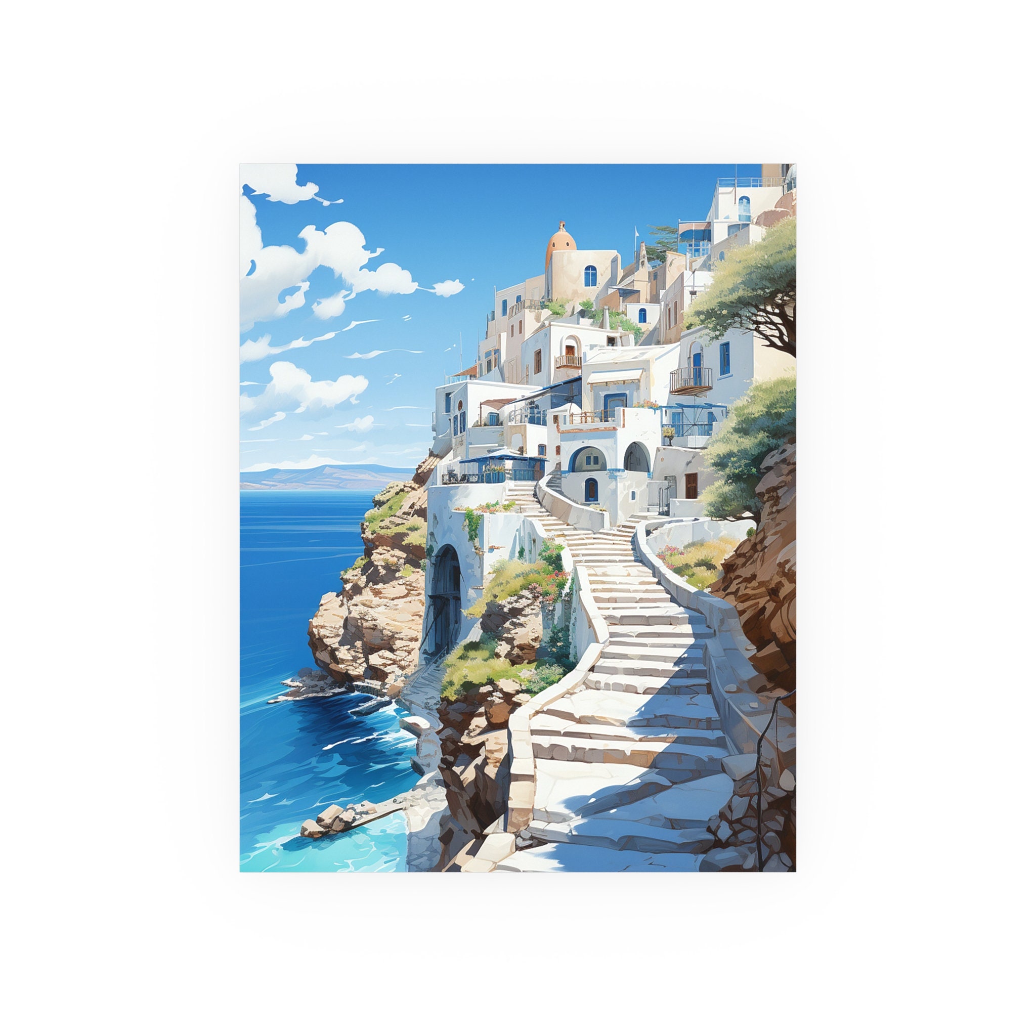 ギリシャの海辺の町並みのプリント - 地中海沿岸のアートワーク - 白い