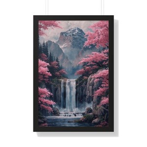 Japanese Landscape Cherry Blossoms Waterfall Mt. Fuji - Vintage Oil Painting, Sakura Blossoms Decor -Satin and Archival Matte Framed Print