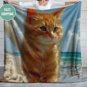 Orange Katze, die in den Strand geht Decke, Plüsch-Fleece-Decke, kuscheliger Überwurf, weiche Bettwäsche, Tierliebhaber Geschenk, Haustierliebhaber Geschenk, Katzenliebhaber Geschenk
