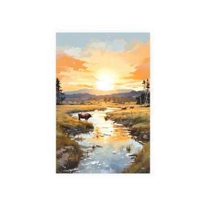 Ranch Sunset Watercolor Print - Serene Cattle Landscape Art - Grazing Cow at Creek, Nature Decor, Satin & Archival Matte Unframed Print