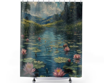 Pond of Lilly Pads on a Hillside Mountain View Landscape-Vintage Heavy Paint Watercolor Oil Painting, Waterlily - Artwork Shower Curtain