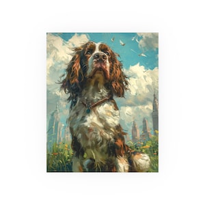 Springer Spaniel Dog in park with city in Background-Heavy Paint Watercolor Oil Painting-Satin & Archival Matte Unframed Print