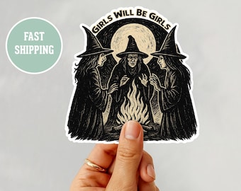 Girls Will Be Girls-Spooky Halloween Witches Kiss-Cut Stickers, leuke Halloween-stickers, Witchy-stickerset, Halloween-decor, laptop
