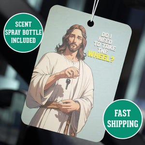 Car Air Freshener - Funny Jesus Take The Wheel Meme,  Respray Bottle-Religious Humorous Auto Accessory, Scented Ornament, Car Decoration