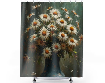Wild Daisies in a vase, floral art work- Vintage Heavy Paint Watercolor Oil Painting, Daisies Print, Flowercore - Artwork Shower Curtain