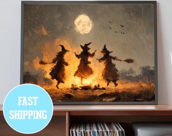 Spookachtige heks kunstposter, matte horizontale print, halloweendecor, muurkunst hekserijthema, herfsthuisdecoratie