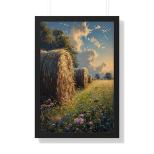 Hay Stacks on a Ranch Field of Flowers at Sunset- Vintage Heavy Paint Watercolor Oil Painting, Satin and Archival Matte Framed Print