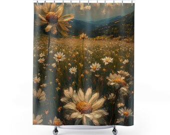 Wild Daisies Grassy Field Swaying in Wind, floral art -Vintage Heavy Paint Watercolor Oil Painting, Flower Fields - Artwork Shower Curtain