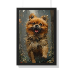 Glücklicher Spitz Hund im Park mit Stadt im Hintergrund-Heavy Paint Aquarell Ölgemälde -Satin und Archival Matte gerahmter Druck