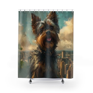 Yorkshire Terrier sitting in a park city in background- Dog Owner Bathroom -Vintage Oil Painting with thick strokes- Artwork Shower Curtain