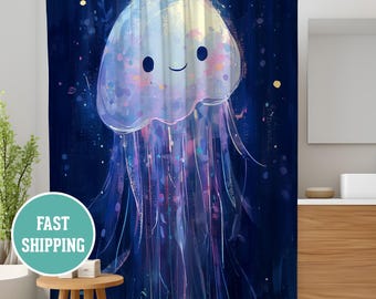 Nautical Bathroom Decor Shower Curtains,, Cute Jellyfish Beach House Kids Bathroom, Ocean Sea Creature Shower Curtain, Underwater Theme Bath