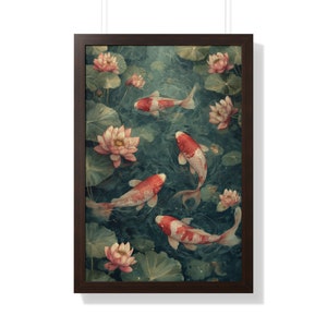Traditional Japanese Koy Fish Pond Floral Lillies - Vintage Oil Painting, Koi Fish Wall Art -Satin and Archival Matte Framed Print
