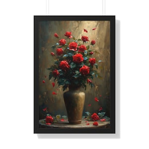Vase de roses rouges - fleurs vintage, peinture épaisse, aquarelle, peinture à l&#39;huile, décoration de roses rouges, satiné et mat d&#39;archives, impression encadrée