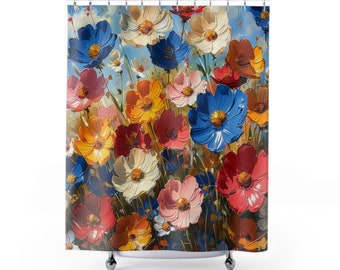 Può includere: Una tenda da doccia colorata che presenta un primo piano di un campo di fiori in varie tonalità di rosso, giallo, blu, rosa e bianco. I fiori sono dipinti in uno stile stilizzato e impressionista.