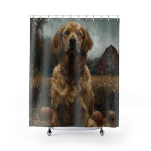 Loyaler Golden Retriever Hund im Bauernhaus Red Barn Farbe Aquarell Ölgemälde, Tierporträt, Badezimmer Dekor, Kunstwerk Duschvorhang