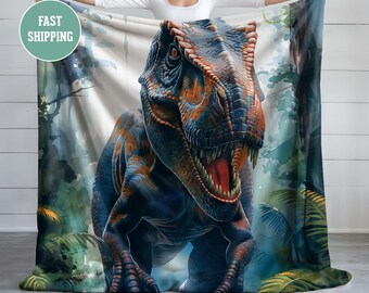 Manta de peluche de dinosaurio, manta de terciopelo acogedora, T-Rex caminando por la jungla, ropa de cama suave para niños, regalo perfecto para niños