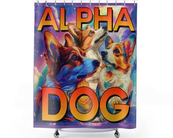 Alpha Dog Corgi- Dog Mom Dog Dad- Epic 90's Style Corgi Art- Shower Curtain- Bathroom Decor,  Portrait - Puppy Artwork Shower Curtain