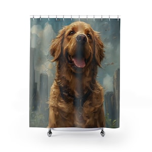 Glücklicher Golden Retriever im Park - Stadt Hintergrund Badezimmer -Vintage Ölgemälde mit dicken Strichen- Kunstwerk Duschvorhang