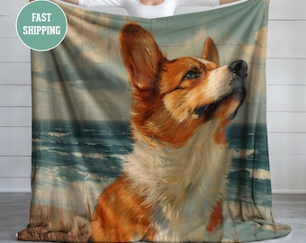 Corgi On The Beach Blanket, Plush Fleece Blanket, Corgi Lover Blanket, Cozy Throw, Soft Bedding, Animal Lover Gift, Dog Mom Gift