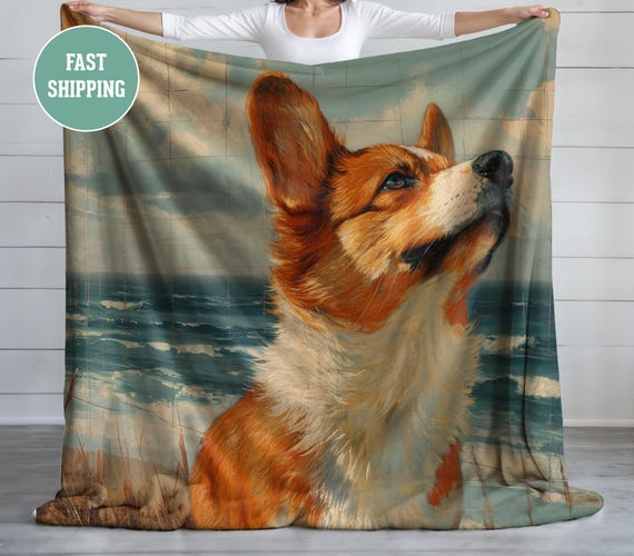 Corgi on the Beach Blanket, Plush Fleece Blanket, Corgi Lover