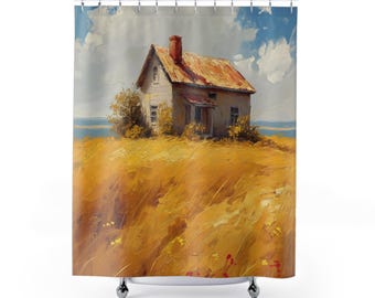 Casa de campo en una colina con un lago de pasto de trigo al fondo, rústica: pintura de acuarela, campo, hogar: cortina de ducha con ilustraciones