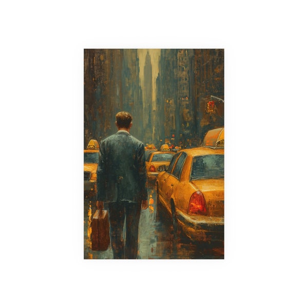 Businessman Looking for Taxi in New York- NYC Art- Watercolor Oil Painting -Satin and Archival Matte Unframed Print