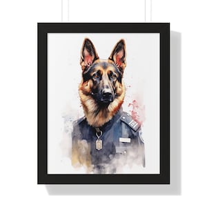 Police German Shepherd Watercolor Print - Unique Wall Art for Dog Lovers -Framed Vertical