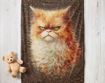 Grumpy Orange Cat Blanket, Plush Fleece Blanket, Cozy Throw, Soft