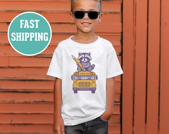 Kids Tee, Back to School Raccoon on Bus Classroom Outfit, Children's Shirt, Cute Animal Theme Shirt, School Bus Graphic Tee, Kids Clothing
