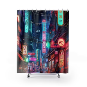 Night in Neon City - Anime-Inspired Street Scene Premium Print - Bathroom Decor, Anime Lover Gift, Japan Art, Artwork Shower Curtain