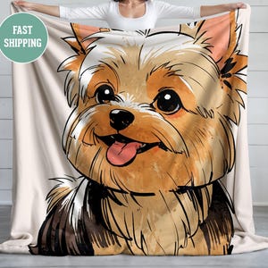 Cobertor de pelúcia, estilo anime desenhado à mão, yorkshire fofo, manta macia para amantes de cães, decoração de sofá aconchegante, presente para fãs de anime, decoração de quarto de adolescente,