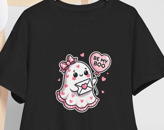 Camiseta unisex con fantasma kawaii para el día de San Valentín, camiseta Be My Boo, camiseta con fantasma lindo, camiseta para el día de San Valentín, camiseta romántica con fantasma