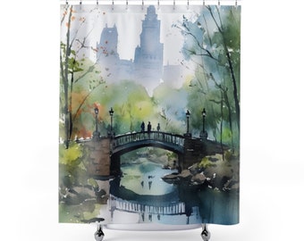 Central Park Serenity - Watercolor Bridge & Skyline Print, Beautiful Art Print -Painting Heavy Brush Strokes, Artwork Shower Curtain