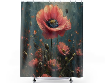 Field of Poppies Flowers Floral Art Landscape-Vintage Heavy Paint Watercolor Oil Painting, Poppies Decor- Artwork Shower Curtain