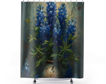 Blue Bonnets in a vase, floral art work- Vintage Heavy Paint Watercolor Oil Painting, Flowers In Vase- Artwork Shower Curtain