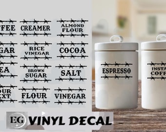 Etiquetas personalizadas para latas: café, té y azúcar. Vinilo con palabras personalizadas. Calcomanías de cocina DIY.