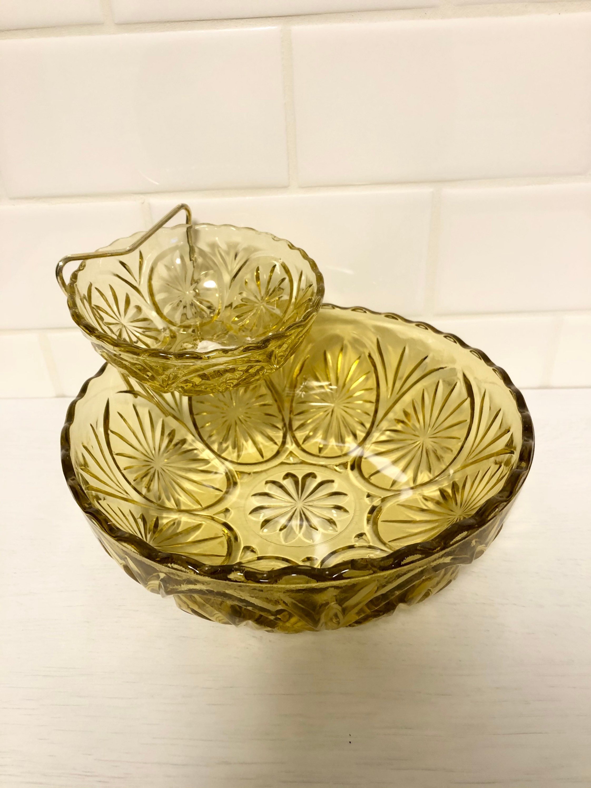 Vintage Anchor Hocking Honey Gold Chip & Dip Set in original Etsy