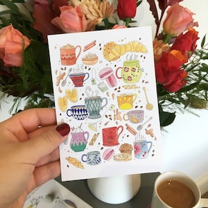 Coffee Shop Watercolour - A6 Card / Postcard / A5 & A4 Print  - "Hello Brew-tiful"