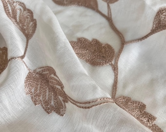 Beige Embroidered Lightweight Sheer - 56&quot; wide leafy design - 100% Poly base, cotton embroidery - Eroica Home - Lavinia Latte