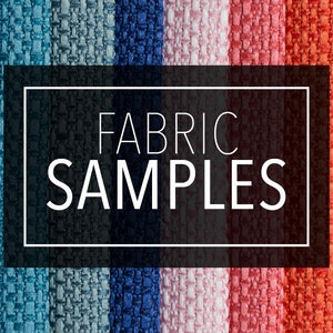 May include: A collection of fabric samples in various colors, including shades of blue, pink, orange, and purple. The text "FABRIC SAMPLES" is displayed in a white font within a black rectangle.