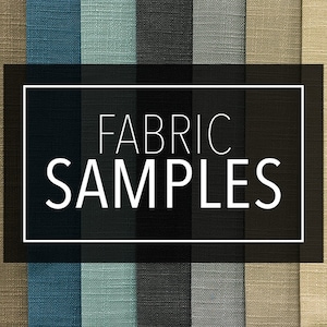 May include: Fabric samples in various colors, including brown, teal, gray, and black. The text "FABRIC SAMPLES" is displayed in a white font against a dark background. The samples have a textured appearance.