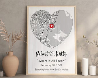 Heart Shape Custom Map Location Print, Where It All Began, Latitude Coordinates Print, Location Pin, Gift For Couples, Anniversary Gift.