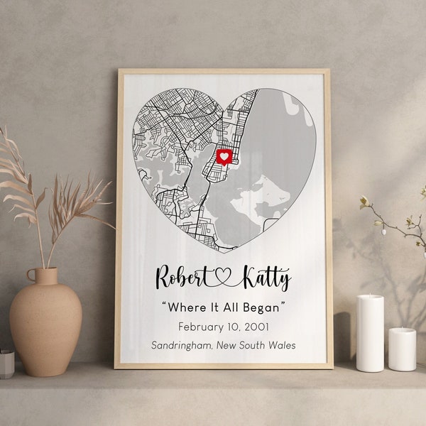 Impression de l'emplacement de la carte personnalisée en forme de coeur, où tout a commencé, impression des coordonnées de latitude, épingle de localisation, cadeau pour couple, cadeau d'anniversaire.