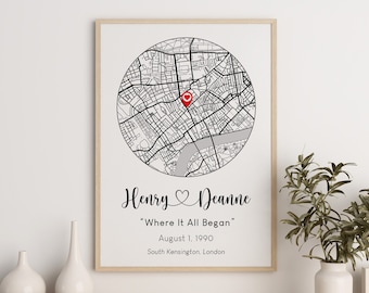 Custom Map Location Print, Latitude Coordinates Print, Location Pin, Where It All Began Print, Gift For Couples, Anniversary Gift.