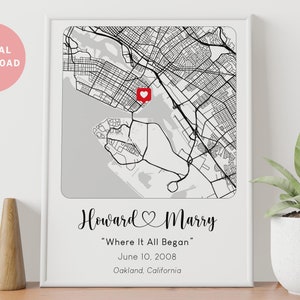 Aangepaste kaartlocatie afdrukken, breedtegraadcoördinaten afdrukken, afdrukken waar het allemaal begon, verjaardagscadeau-idee, jubileumcadeau, digitale download.