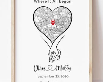 Custom Map Location Print, Where It All Began Map, Holding Hands Drawing, Coordinates Poster Gift, Valentine's Day Gift, Digital Download.