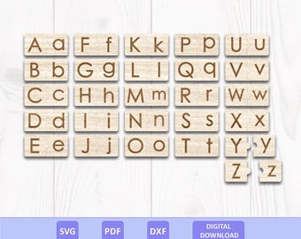 Alphabet Letters Matching Puzzle SVG DXF PDF: Wooden Montessori Inspired Educational Learning Toy, Laser Cut File, Digital Download.