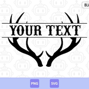 May include: Black antler design with the text "YOUR TEXT" in a bold, serif font. The design includes horizontal lines above and below the text, and the word "BLACK" is in the upper right corner. The bottom of the image has "PNG" and "SVG" text.