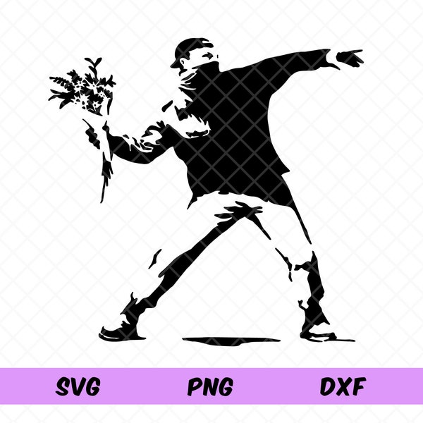 Flower Thrower Svg, Banksy Svg, Wall Art Svg, Love Is In The Air, Rage. Cricut Cut File, Dxf, Png.